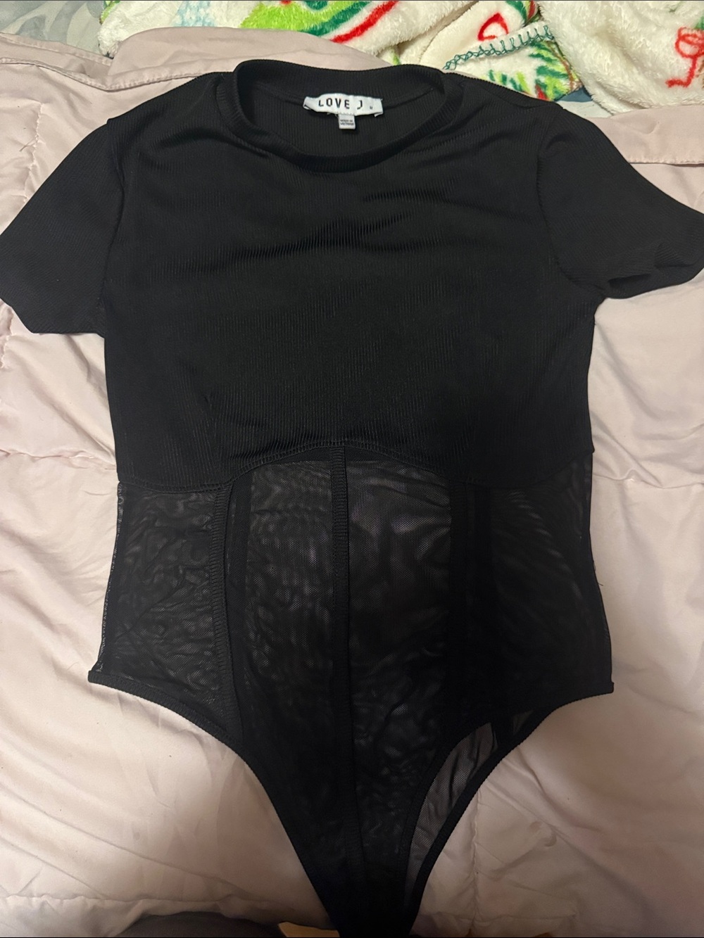 love J Black Short Sleeve Mesh Panel Bodysuit